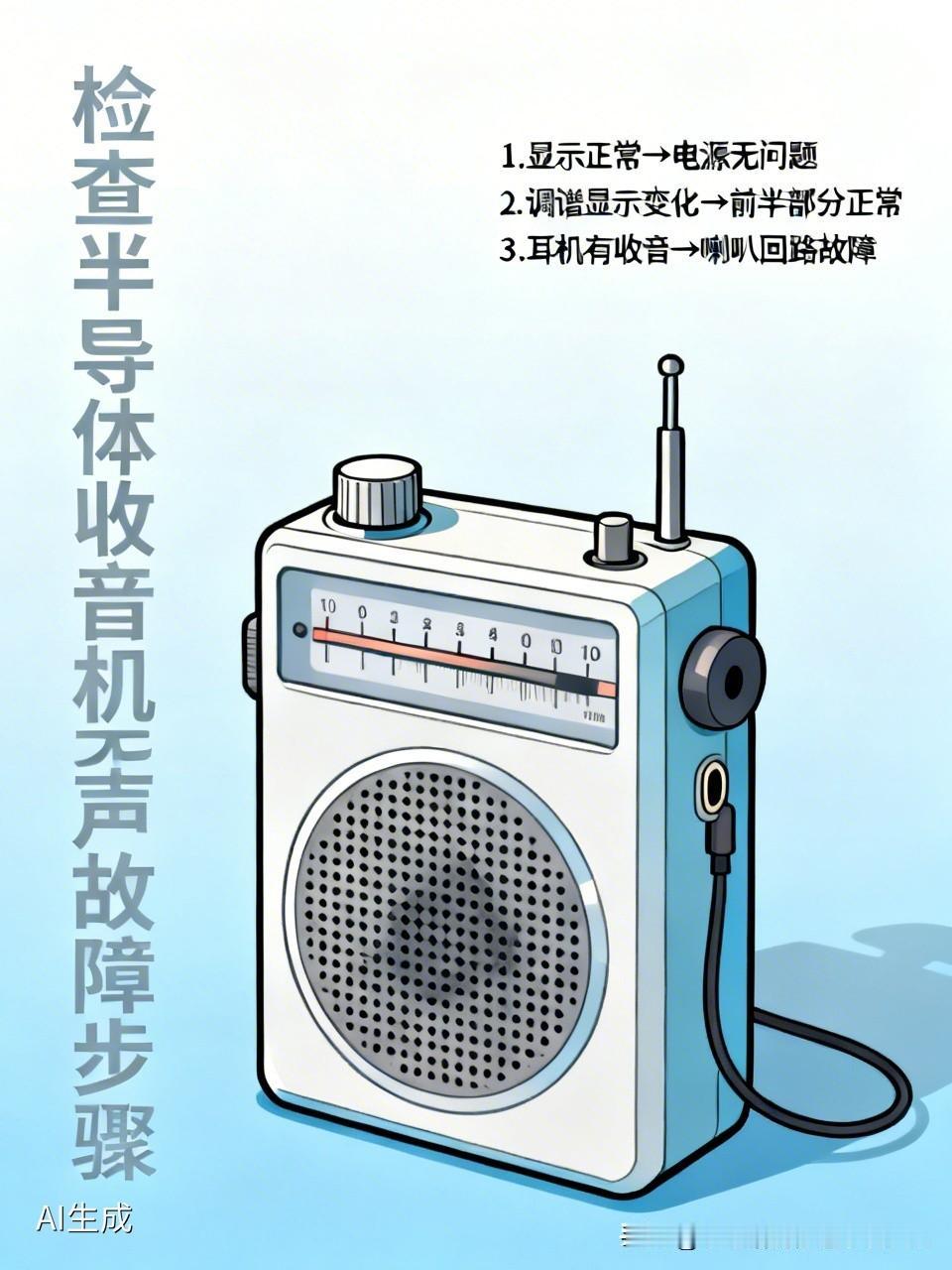 检查这种半导体收音机无声故障的简易步骤
仔细检查一番，先初步判断故障大致所在之处