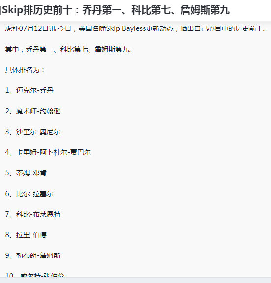 Skip Bayless晒自己心目中的历史前十：乔丹第一、科比第七、詹姆斯第九（