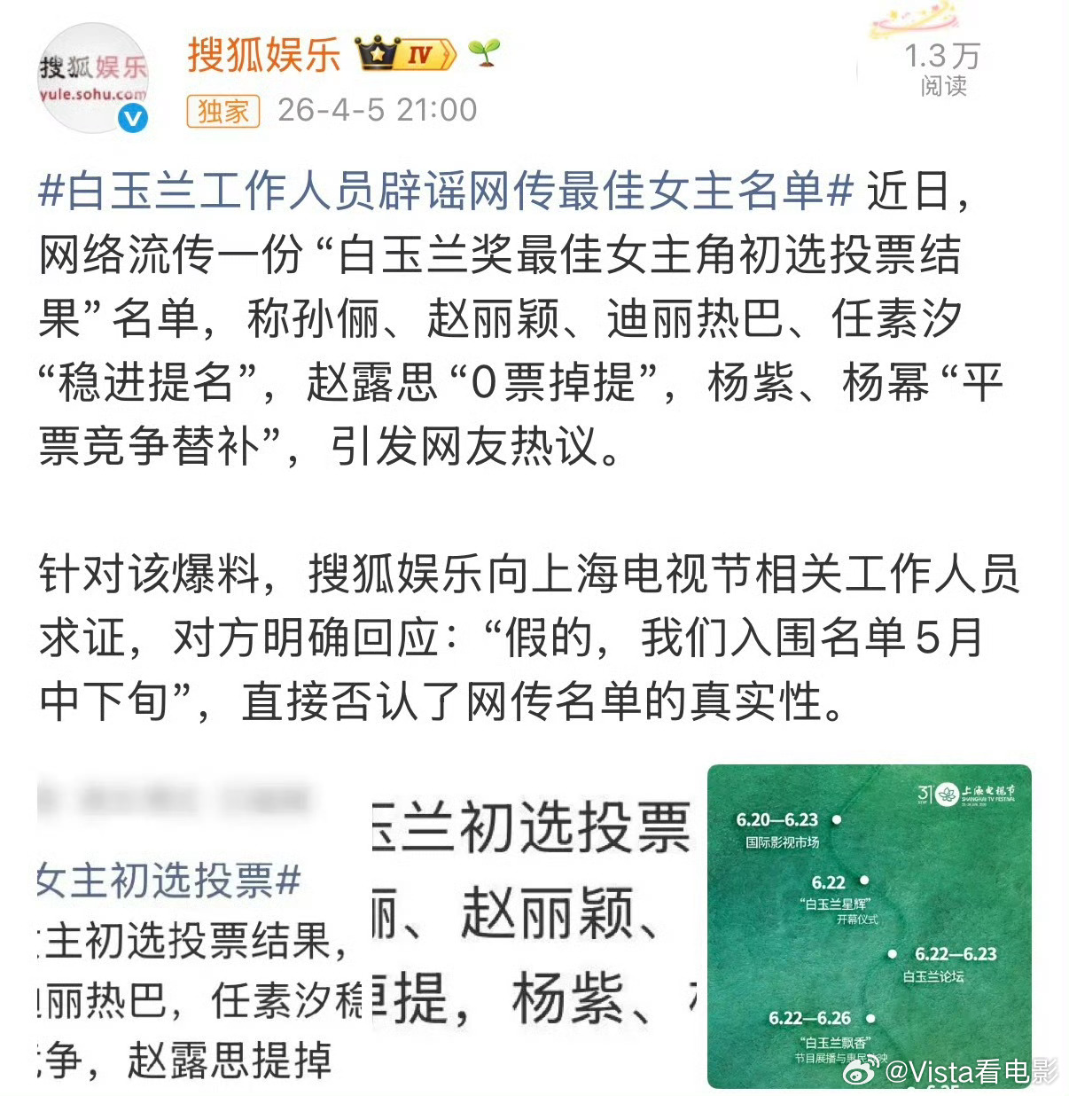 入围名单5月中下旬 白玉兰方否认网传名单