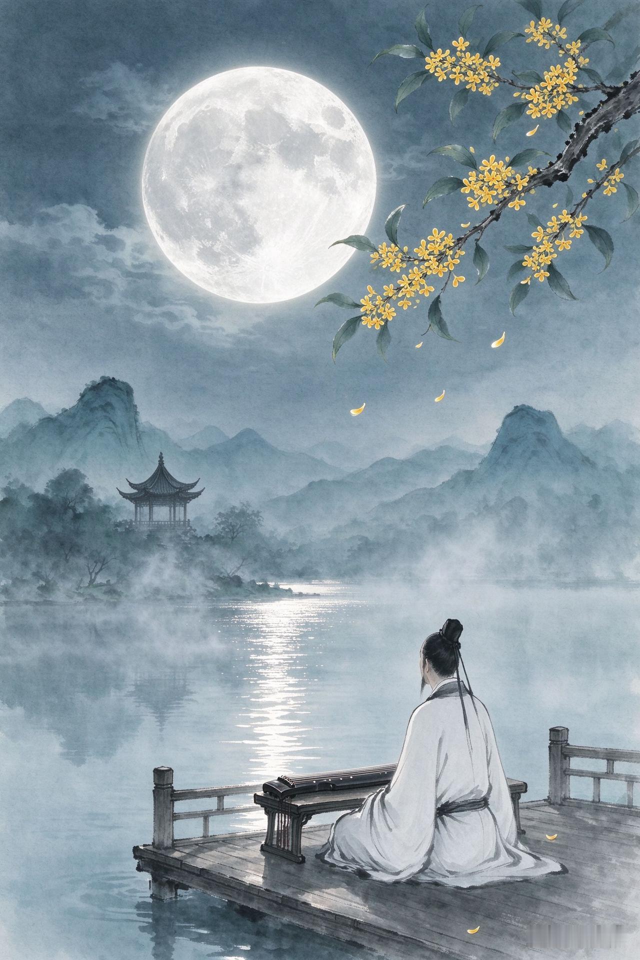 《中秋对月》
一轮秋夜月， 千里故园心。 桂子飘香远， 清光满素琴。