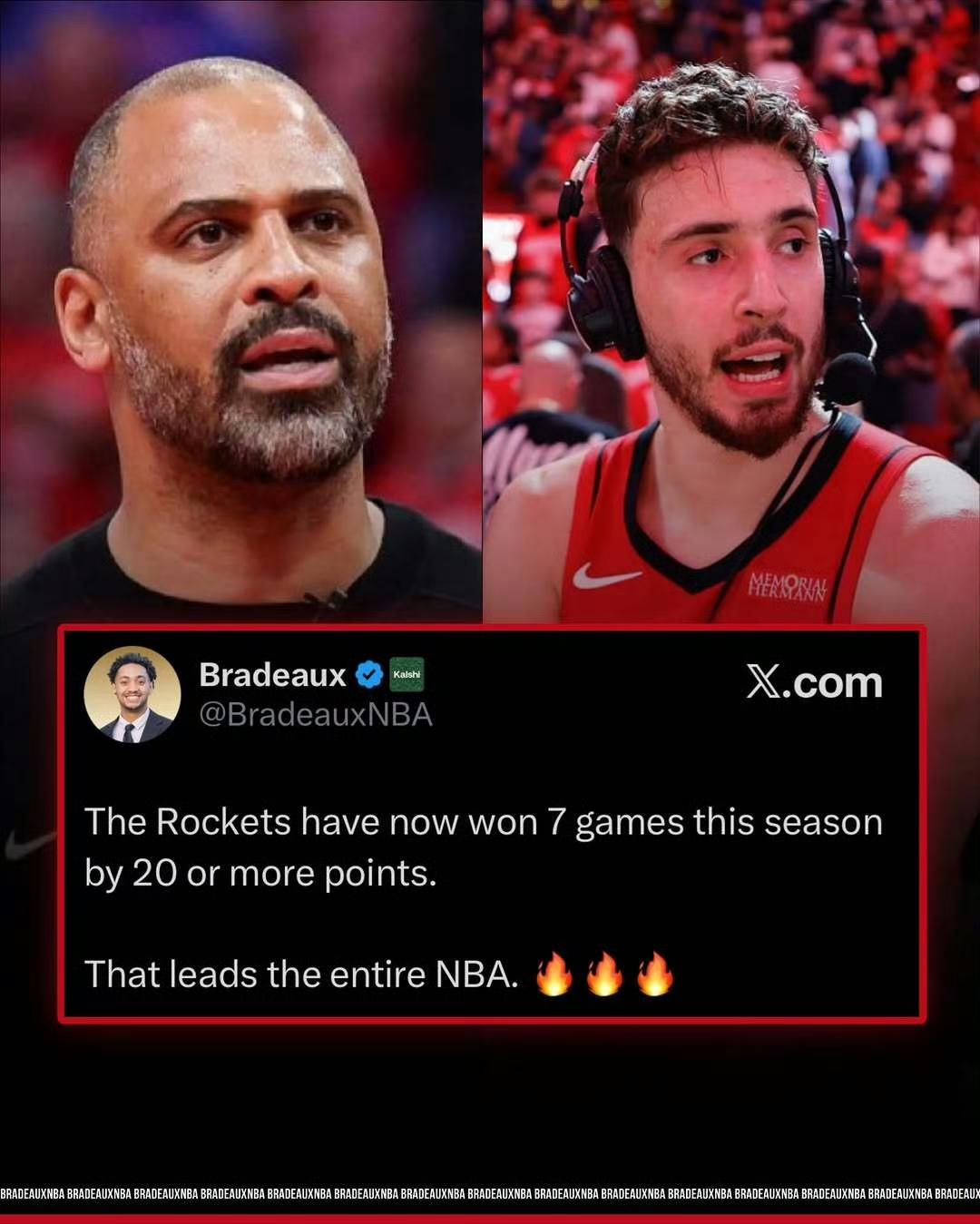 今天战胜国王比赛后，火箭共有7场比赛净胜对手20分以上，领先联盟。[彩虹]