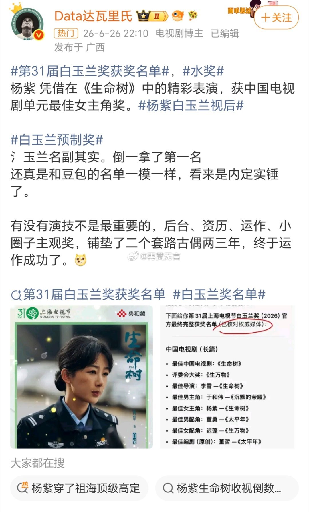 杨紫拿奖了说人家预制奖，这么酸的吗？白玉兰是看演技的，她的演绎基本没人质疑吧？ 