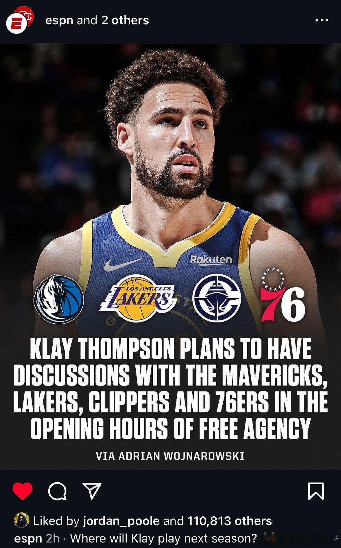 Woj报道：克莱将在自由市场开始之后的初期几个小时内与独行侠、湖人、快船、76人