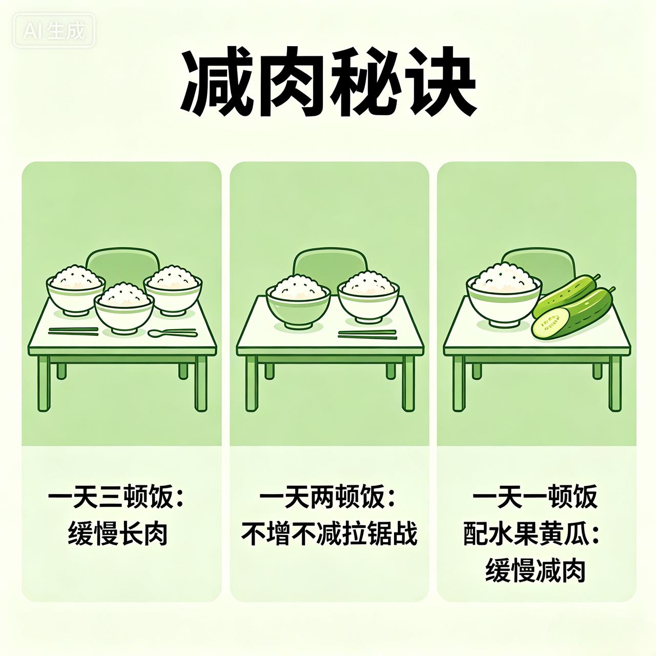 减肉秘诀，不可外传泄露：
一天三顿饭，缓慢长肉
一天两顿饭，肉不增不减拉锯战，