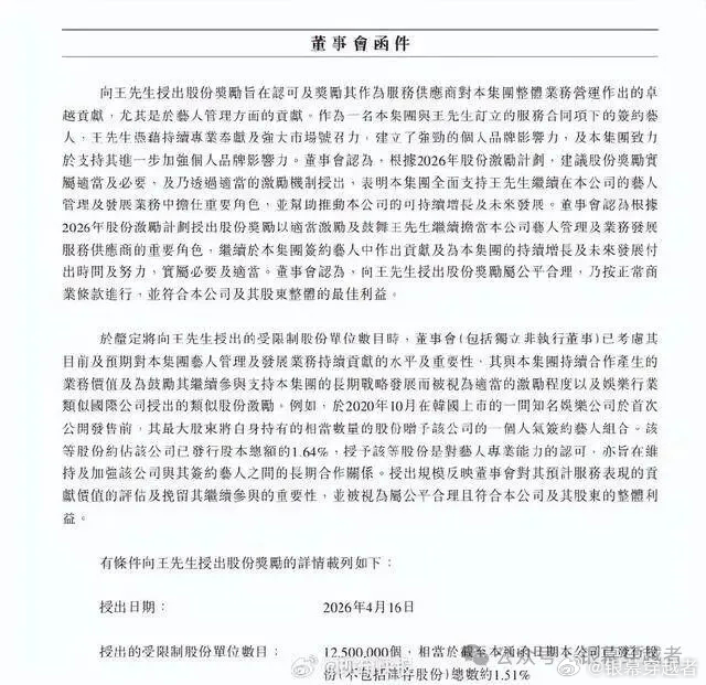 乐华娱乐拟向旗下艺人王一博授予1250万股股份 据乐华娱乐2026年3月25日公