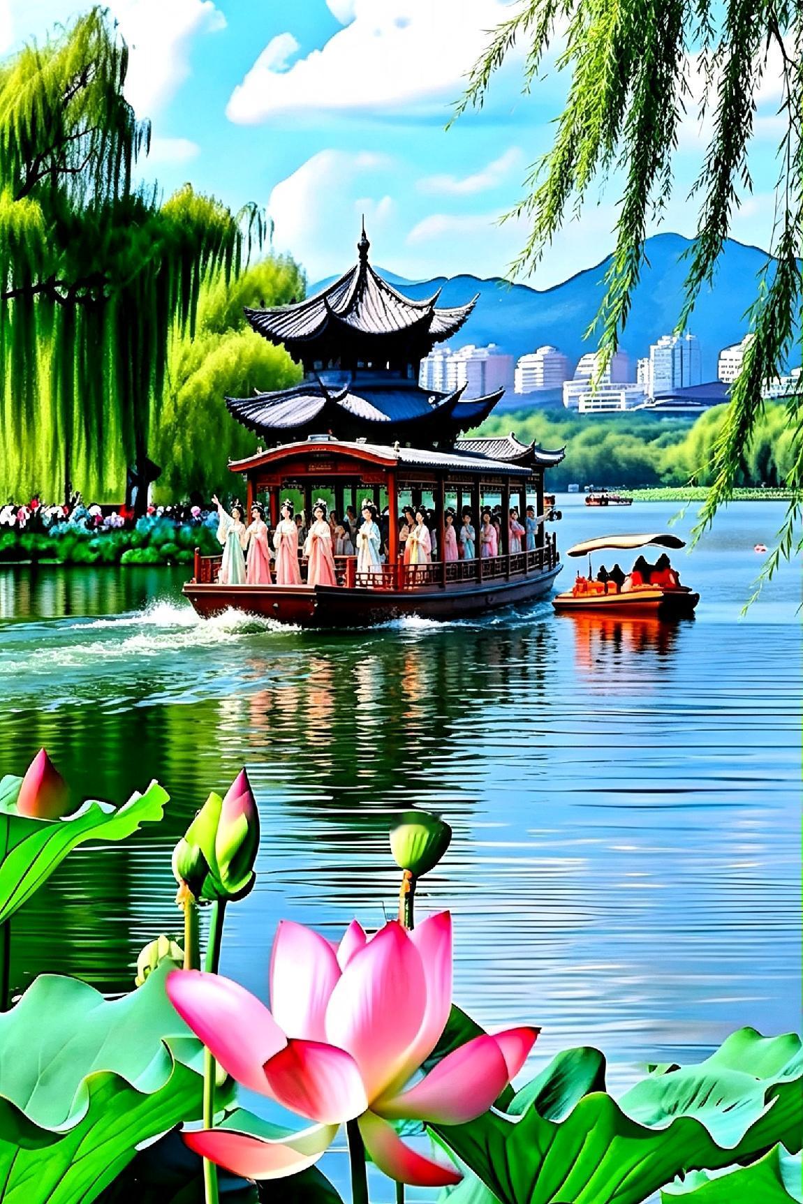 江山揽胜（七律）

 
荷风十里漾清塘，古亭临水映天光。

长堤柳浪随风舞，画舫