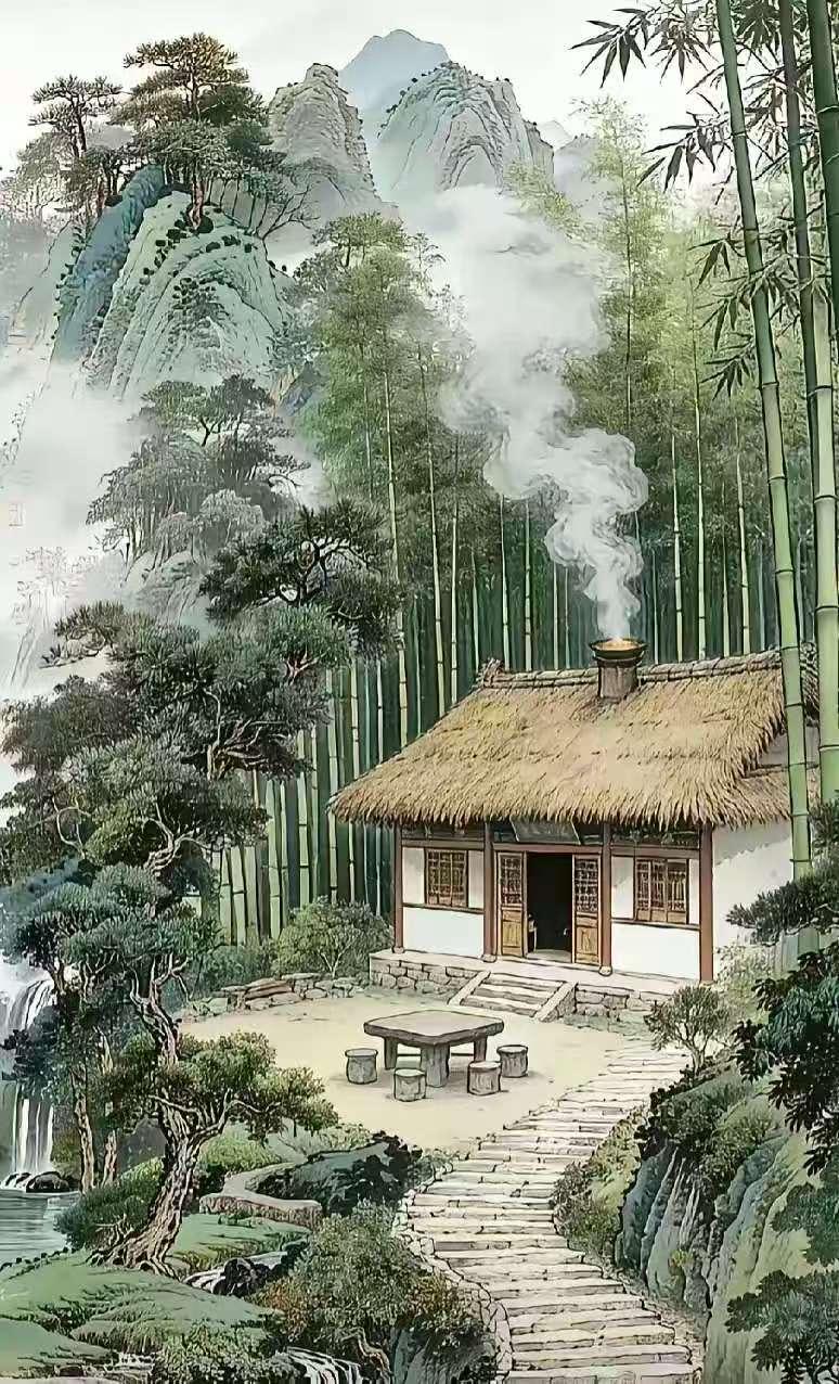 天净沙·竹旁茅舍
竹林茅舍人家，
月临轩牖清纱。
夜读诗书忘榻。
三更灯下，
韵