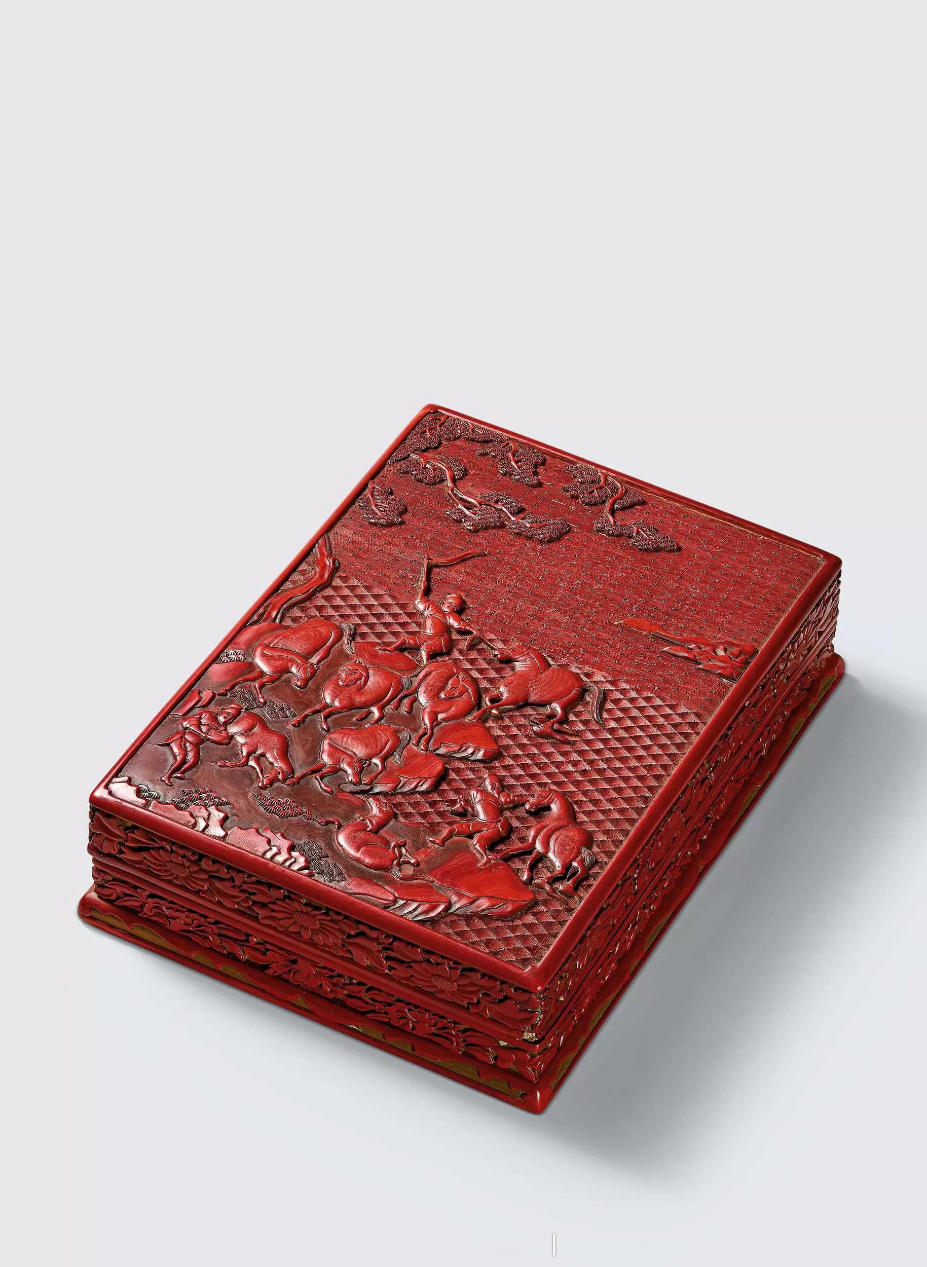 髹饰录 | 明中期 剔红浴马图长方盒古时雕漆器相当贵重，唯宫廷和达官显贵能够享用
