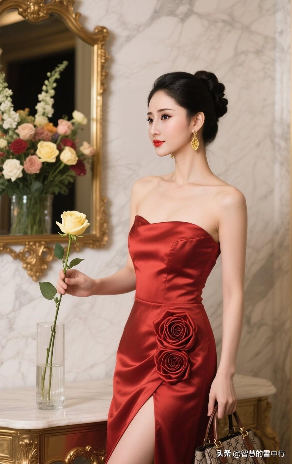 富家千金既视感✨红裙封神
 
谁懂啊！这支正红缎面抹胸裙美到心巴上🌹立体玫瑰装