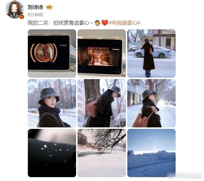 刘诗诗二月日常分享   刘诗诗二月拍戏赏雪追掌心  谁还没被诗诗二月日常惊喜到，
