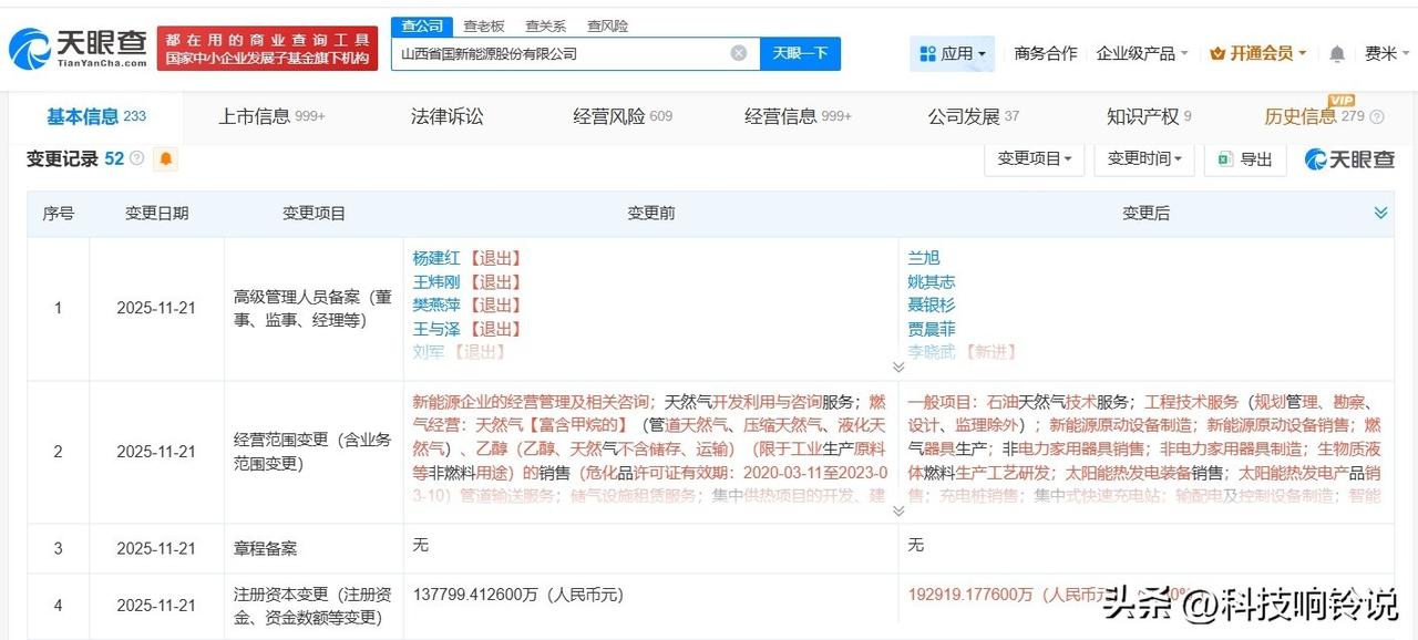 【国新能源增资至约19.3亿 增幅40%】
天眼查工商信息显示，近日，国新能源（