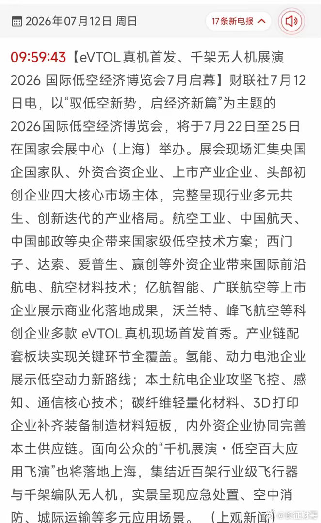 低空经济重磅催化落地！上海国际低空博览会开启产业行情新窗口！2026国际低空经济