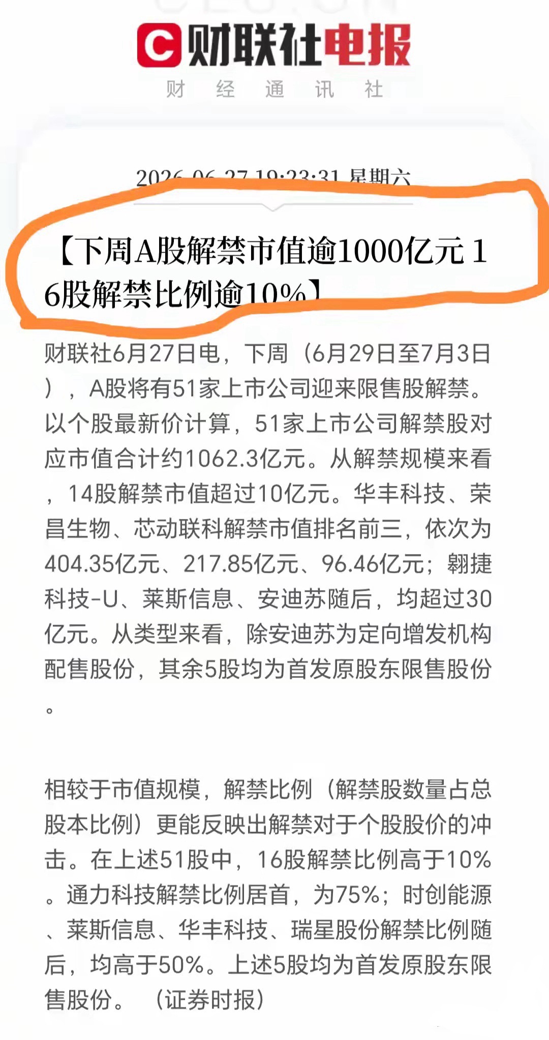 下周（6月29日-7月3日）A股将迎来不小的解禁压力，一共51家公司限售股到期可