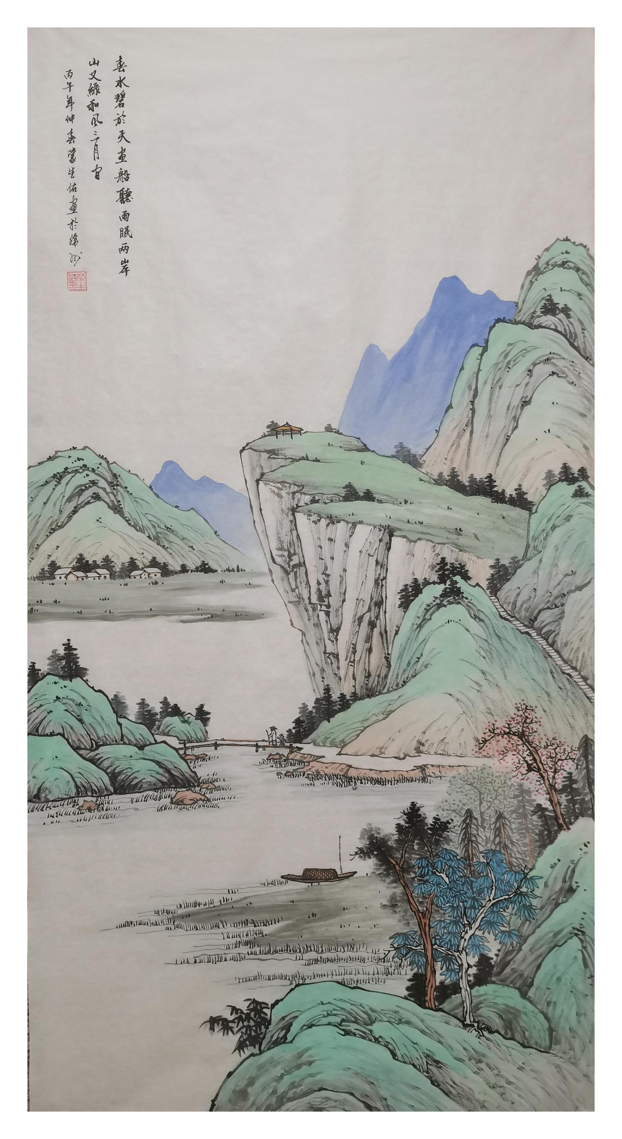 中国山水画原创作品欣赏：青绿山水
尺寸：四尺（138x68）
纸本生宣山水画手绘