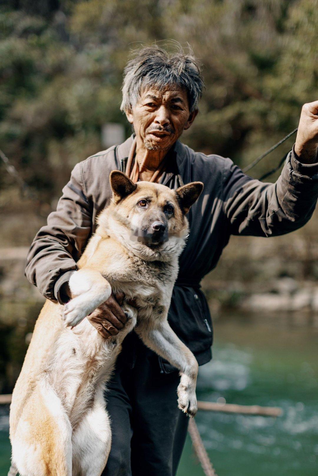 最后的守山老人和狗在云雾深处的吊桥上，老人枯瘦的手臂紧紧抱着他的老狗。三十年风餐