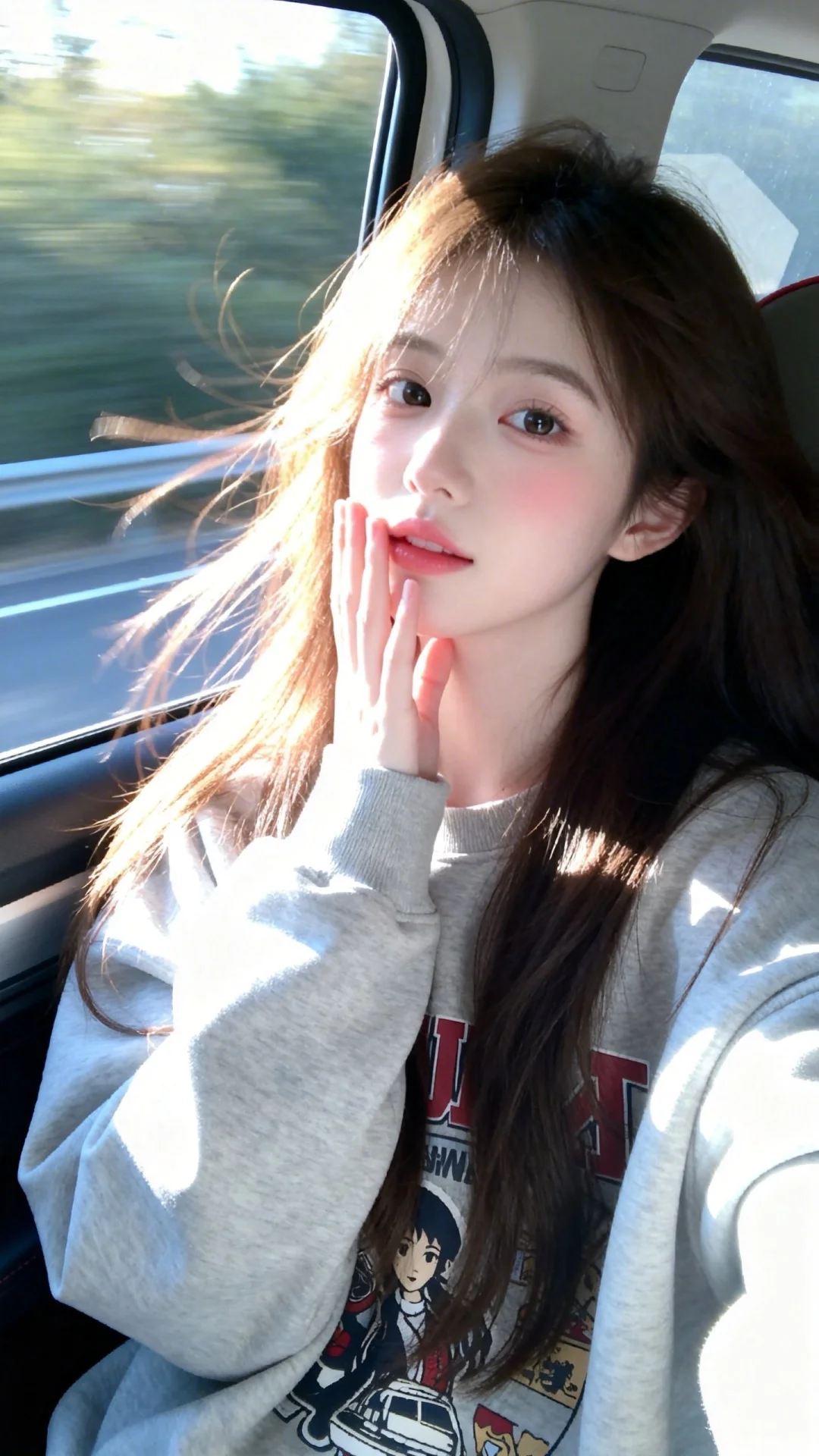 在列车车内场景，敞开车窗，外部风景运动模糊，随手一拍的快照，光影强烈...