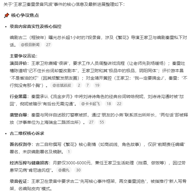 王家卫秦雯录音风波现在有AI了，吃瓜方便多了。核心问题还是钱太少，小编剧一个月就