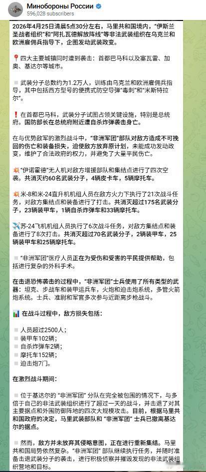 俄罗斯国防部通报马里局势：

4月25日开始的马里一起政变企图已被挫败，非洲军团