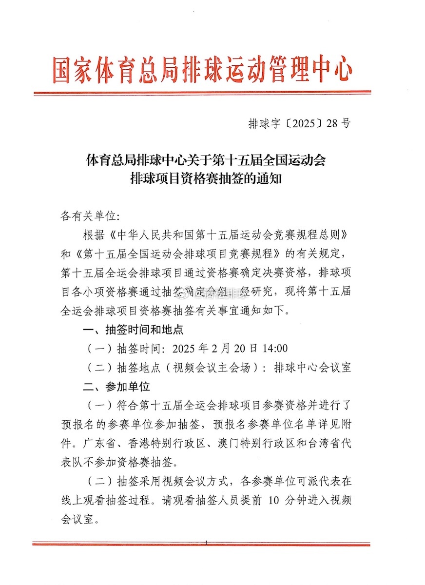 体育总局排球中心关于第十五届全国运动会排球项目资格赛抽签的通知 