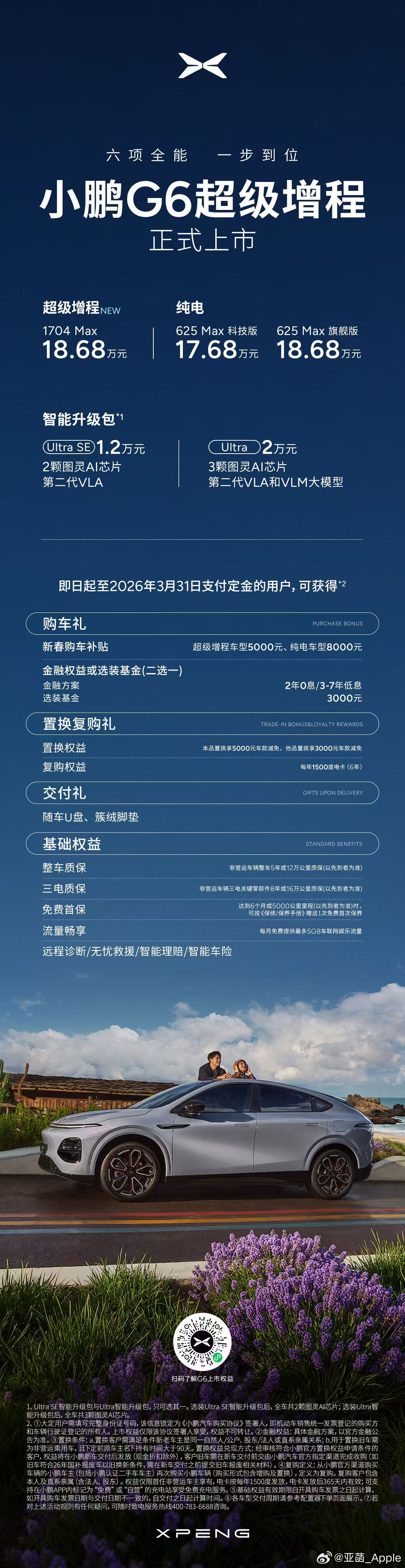 3月6日小鹏G6超级增程重磅上市，定位六项全能AI增程SUV，1704 Max版