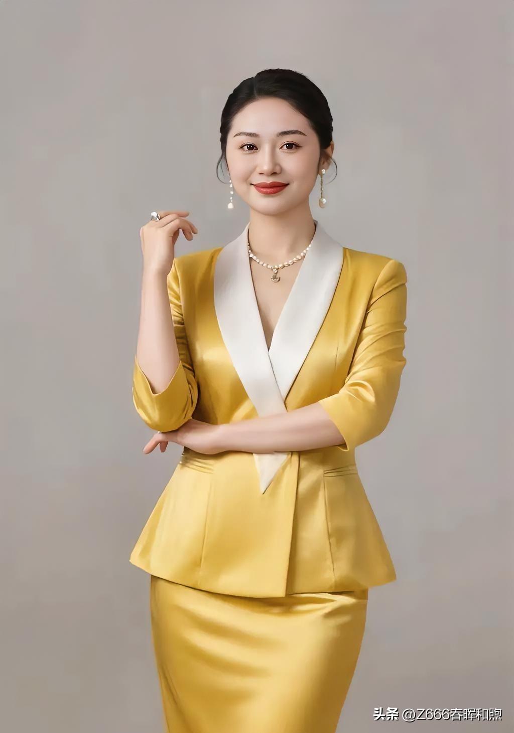 美不美你说了算💞💞明黄套装在身，珍珠点缀，于简约背景前尽显从容大气。