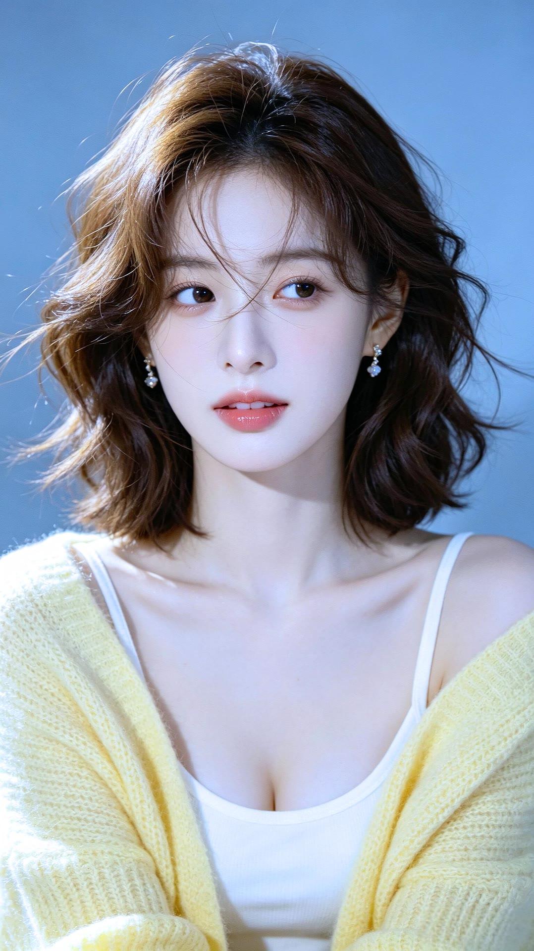 温柔甜美的少女，黄色毛衣搭配白色背心，清新自然。