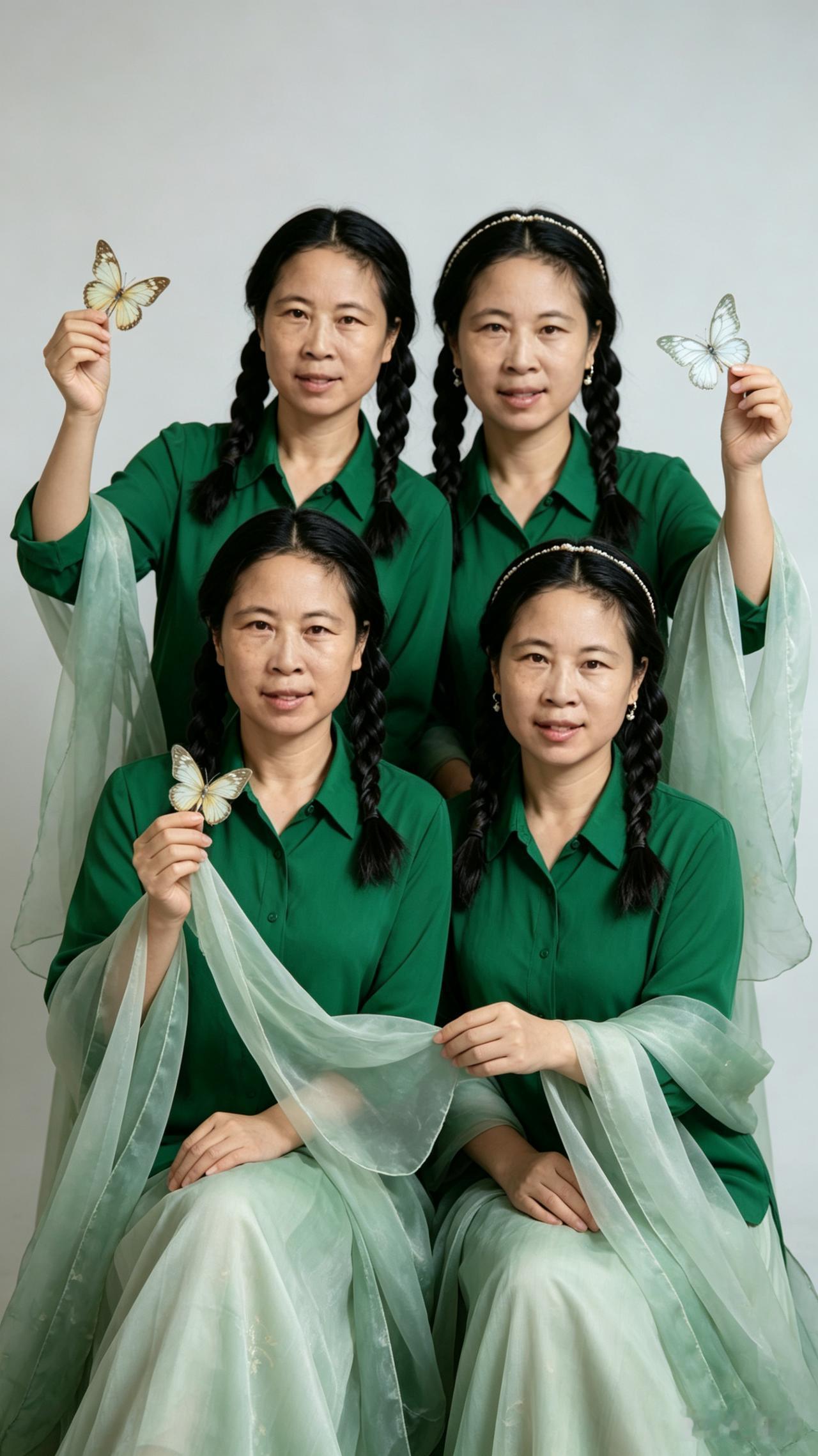 四姝雅貌
 四梳长辫映清颜，翠色衣衫气质娴。
历尽风尘神态稳，常怀质朴自安然。