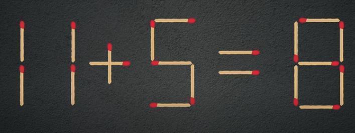 【火柴谜题挑战】画面中“11+5=8”由火柴构成，等式明显错误。现发起挑战：仅移