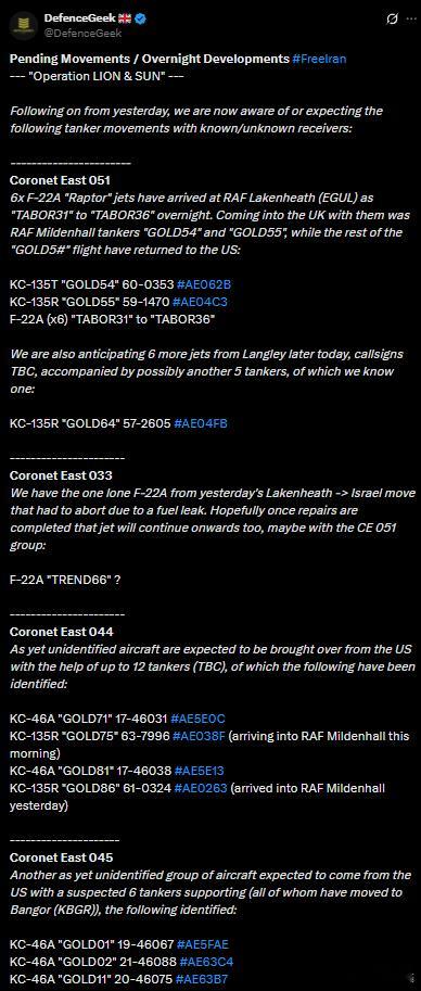 11架 F-22A 战斗机昨天下午已从英国转场以色列，现在兰利又在向英国继续转场