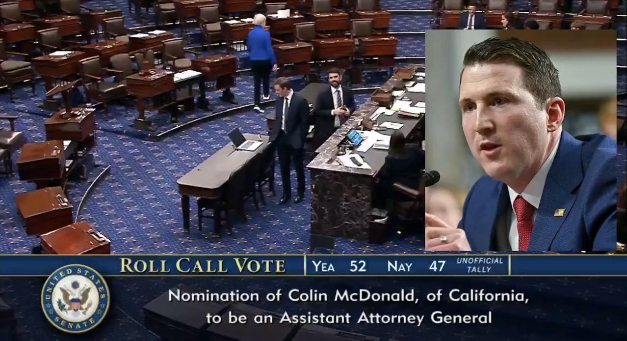 美国参议院刚刚以52-47票的投票结果，确认了特朗普提名的科林·麦克唐纳Coli