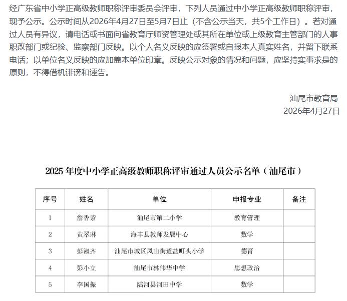 广东汕尾：关于2025年度中小学正高级教师职称评审结果公布！共5名优秀教师顺利晋