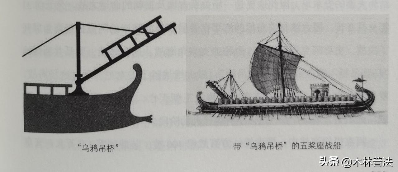 【罗马海军称作"乌鸦战舰"】
古罗马人“乌鸦吊桥"”是一座悬在长杆上，顶端有巨钉