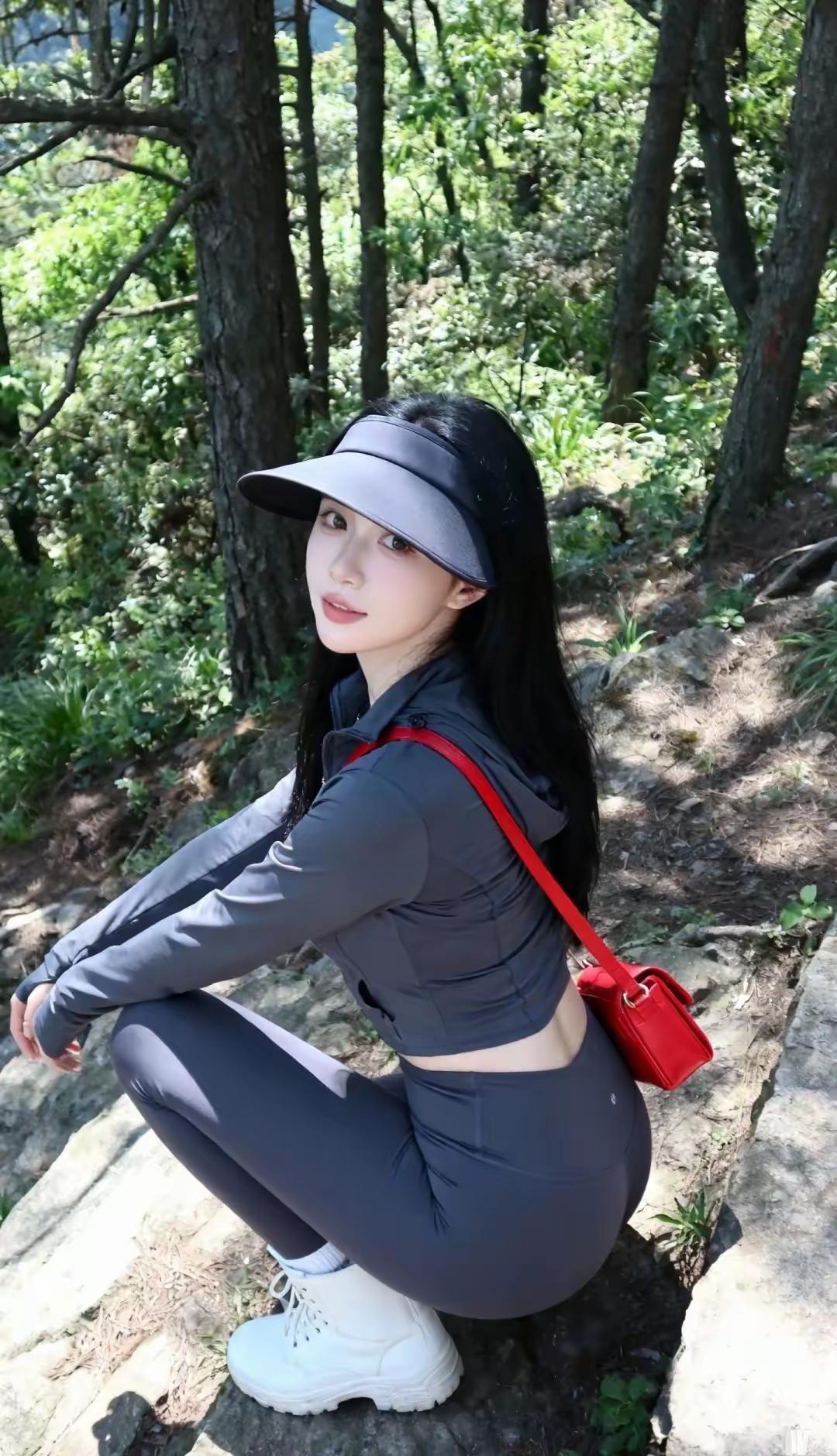 森林中的时尚少女，运动与自然的完美结合！🌳👟💃