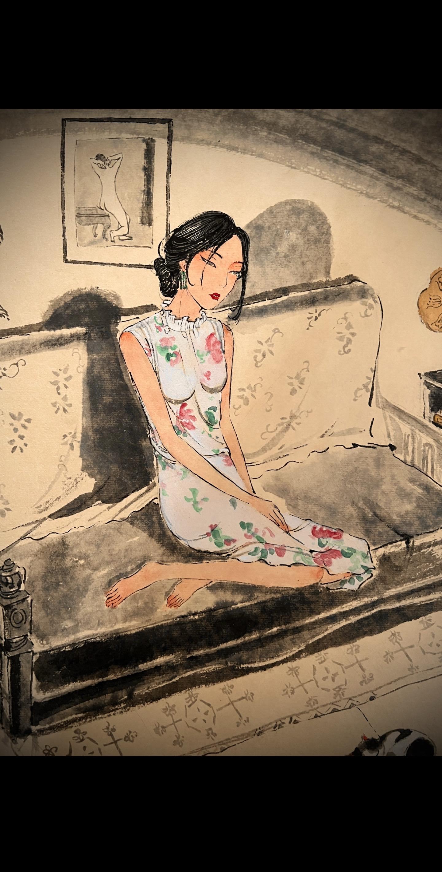 花自飘零水自流。一种相思，两处闲愁。仕女图