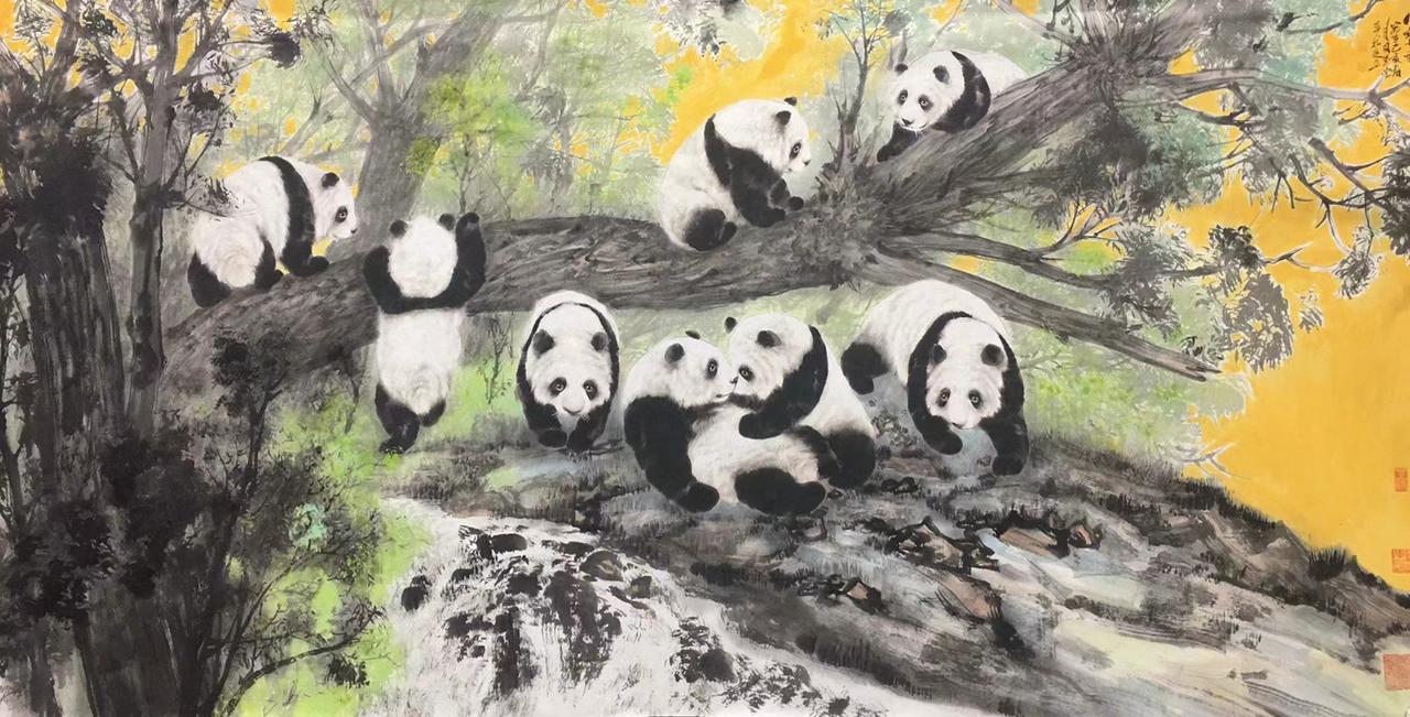 吴孔庭先生笔下的熊猫，憨态可掬，栩栩如生。墨色交融间，黑白分明，灵动传神。每一幅