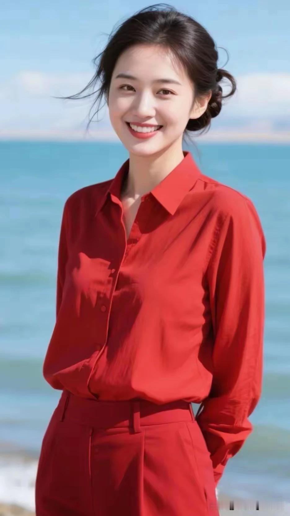 云卷云舒偎海天，
夏风徐徐润心田。
红衣佳丽观海景，
……
浪花轻吻沙滩边，  