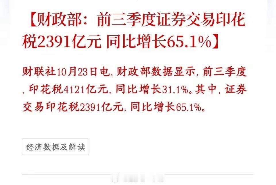 证券印花税又增涨了，说明A股交易还是很活跃的么前三季度一共收的证券交易印花税是2