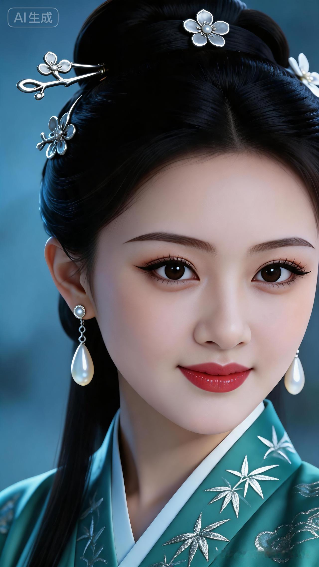 古风美女，银花簪发，珍珠耳坠，典雅动人。