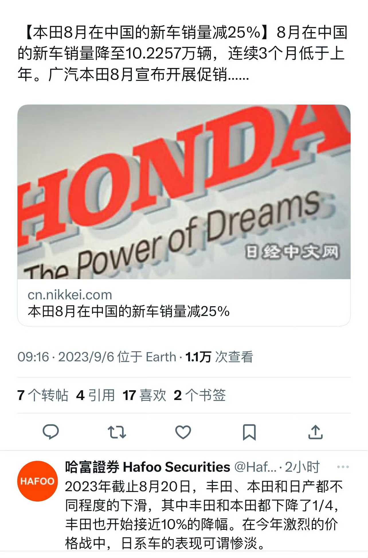 本田中国8月份汽车销量同比下降25.1%至102257辆！我看完数据，马上做了个