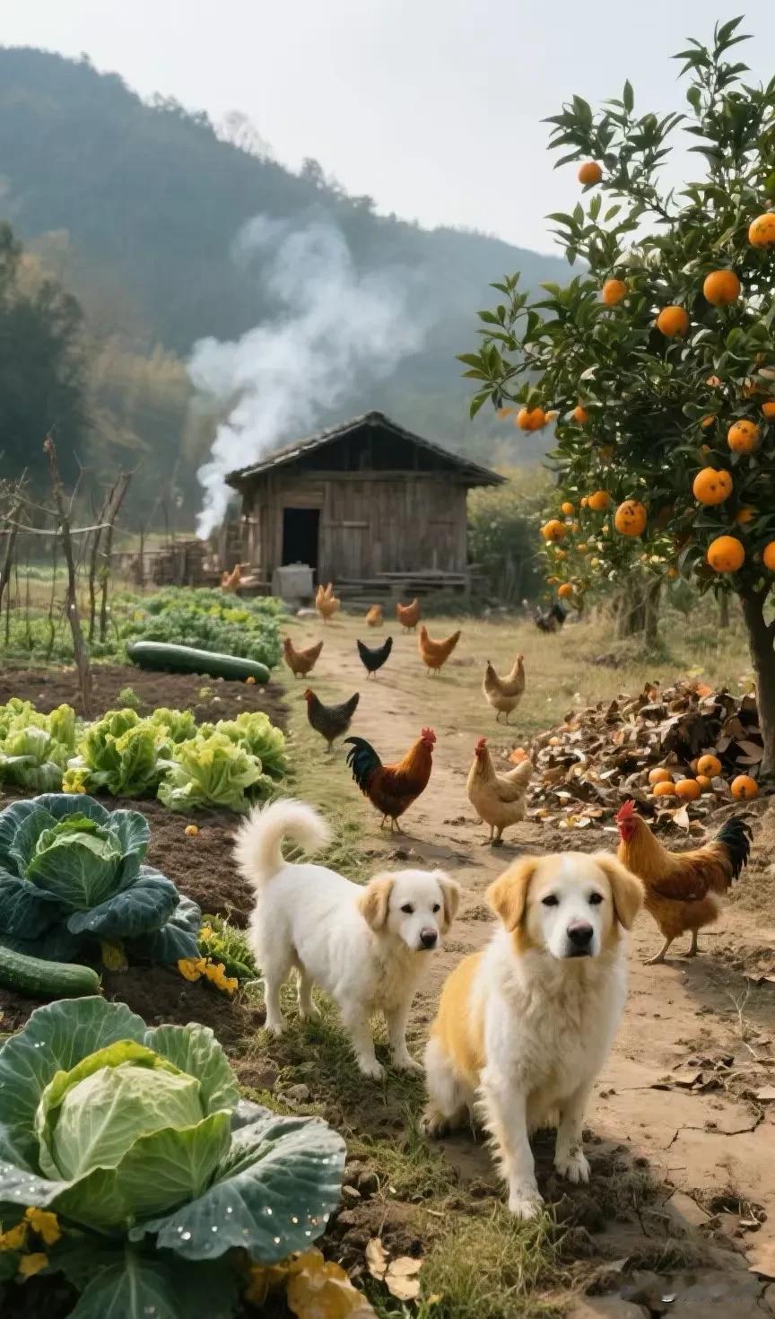 《田园小趣》
山间小屋起炊烟，橘树金黄缀满川。
菜圃蔬鲜瓜瓞盛，鸡群步缓犬儿闲。