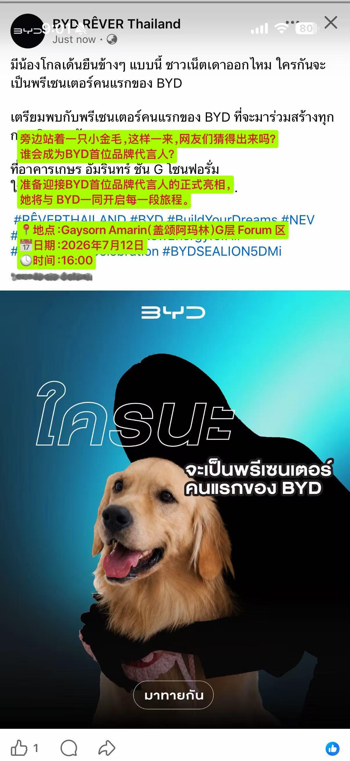 比亚迪泰国 ig 脸书更新「旁边站着一只小金毛，这样一来网友们猜得出来吗？谁会成