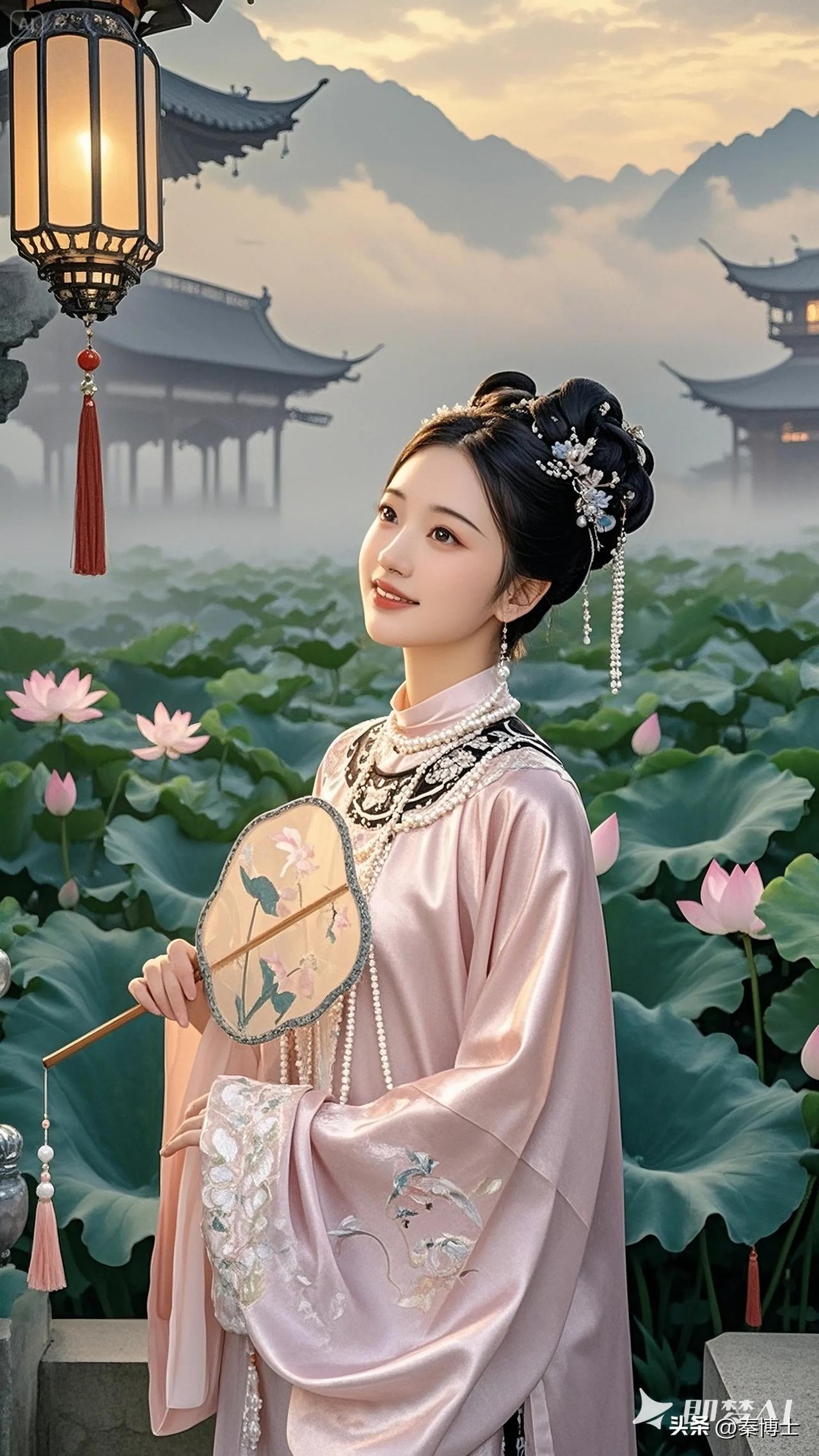 古风美人湖畔赏荷，仙气飘飘，宛若画中仙子