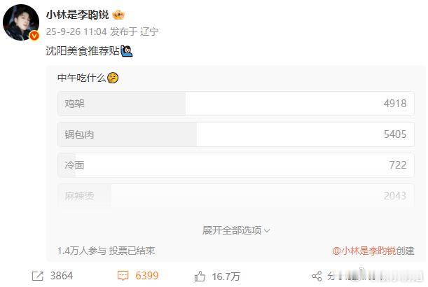 李昀锐投票中午吃什么今天中午的李昀锐好宠粉,在沈阳美食和粉丝投票中午吃什么!锅包