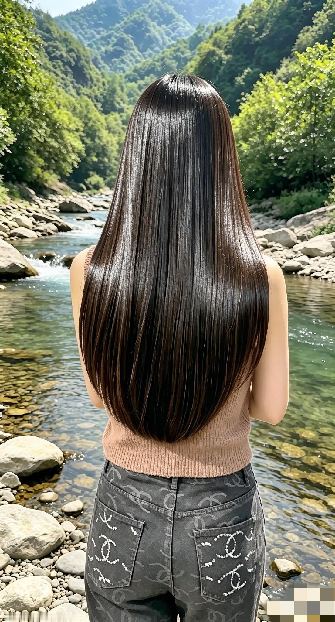 给大家分享个超美的背影。有个长发美女背对溪水站着，那画面简直美如画。
她的长发柔