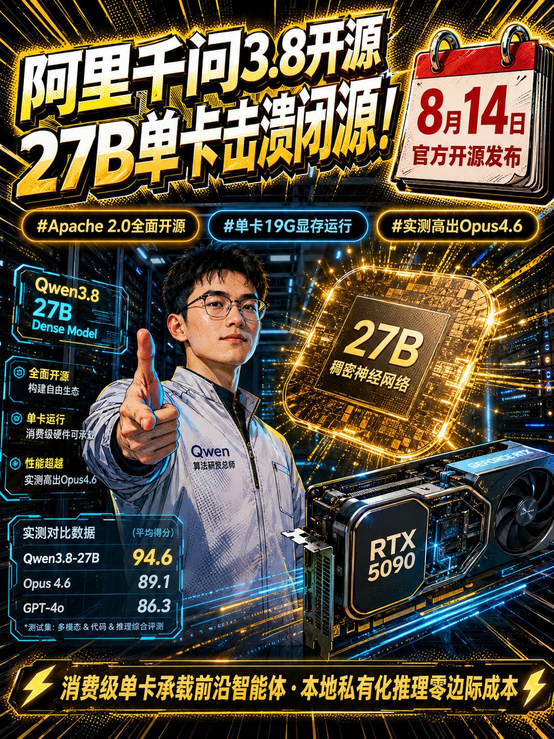 阿里千问3.8开源27B模型，消费级单卡击溃Claude闭源旗舰！

阿里发布千