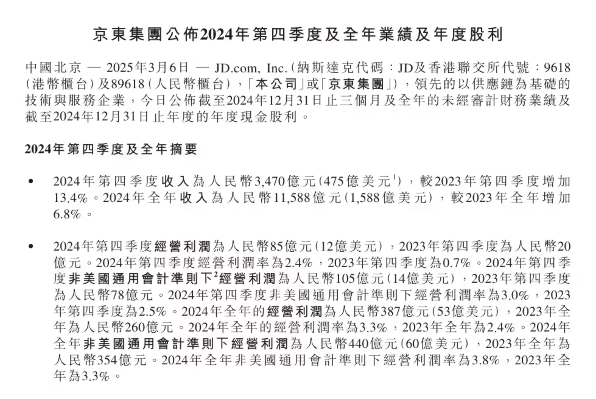 京东集团今日在港交所发布 2024 年第四季度及全年业绩报告。京东集团 2024