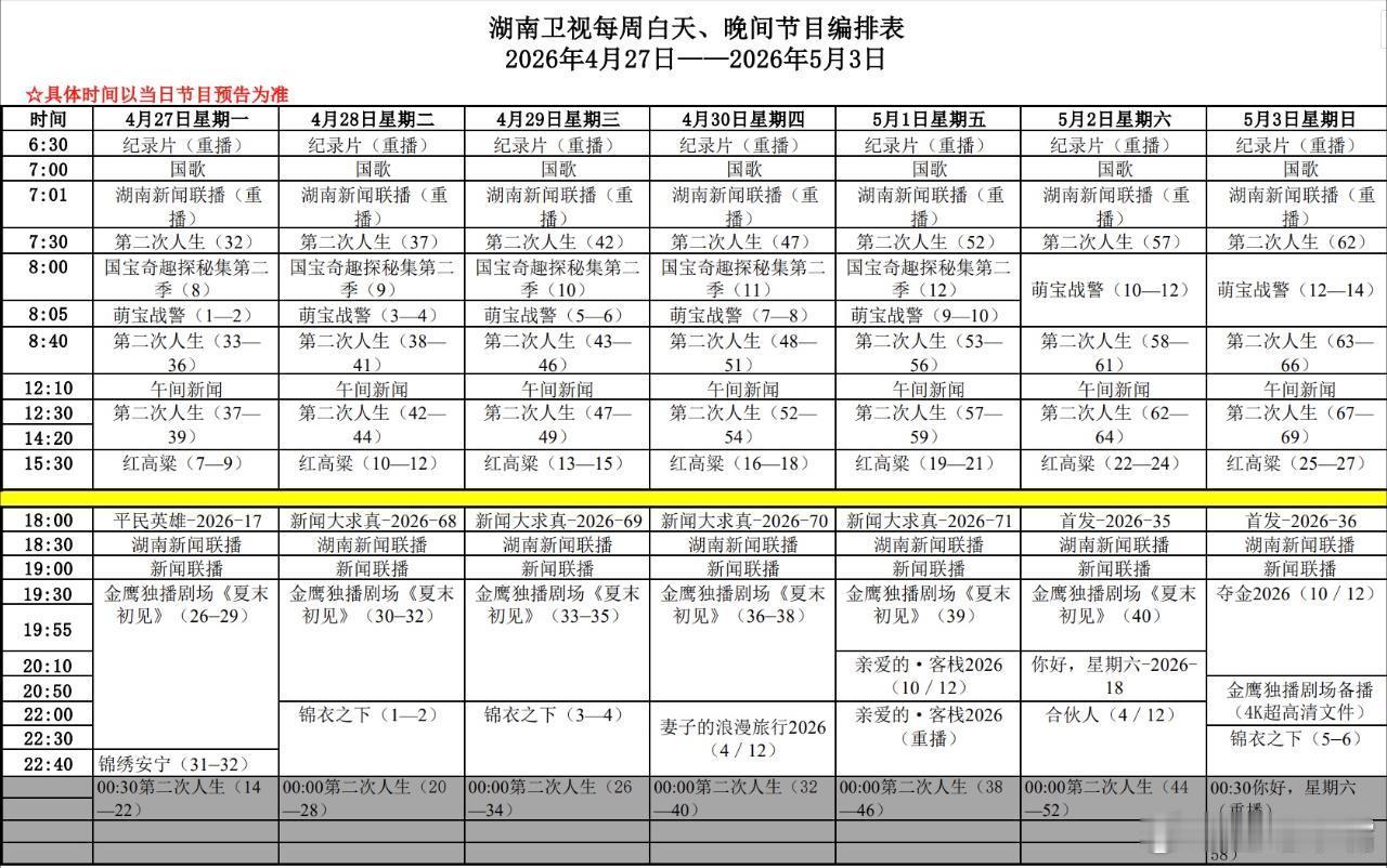 湖南卫视下周编排：上午剧场：《第二次人生》下午剧场：《红高粱》金鹰剧场：《夏末初