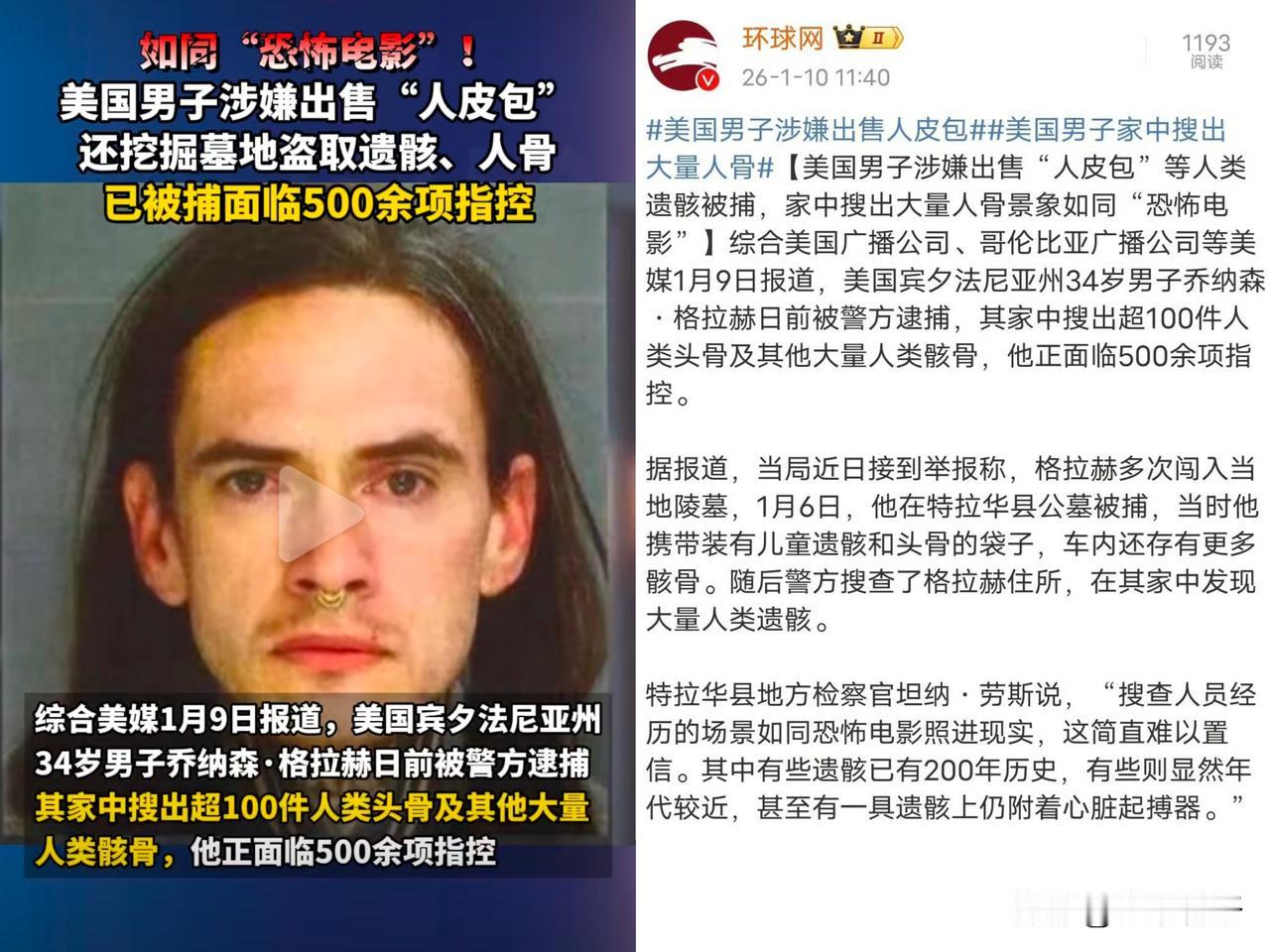 美媒1月9日报道，美国宾夕法尼亚州34岁男子乔纳森·格拉赫日前被警方逮捕，其家中