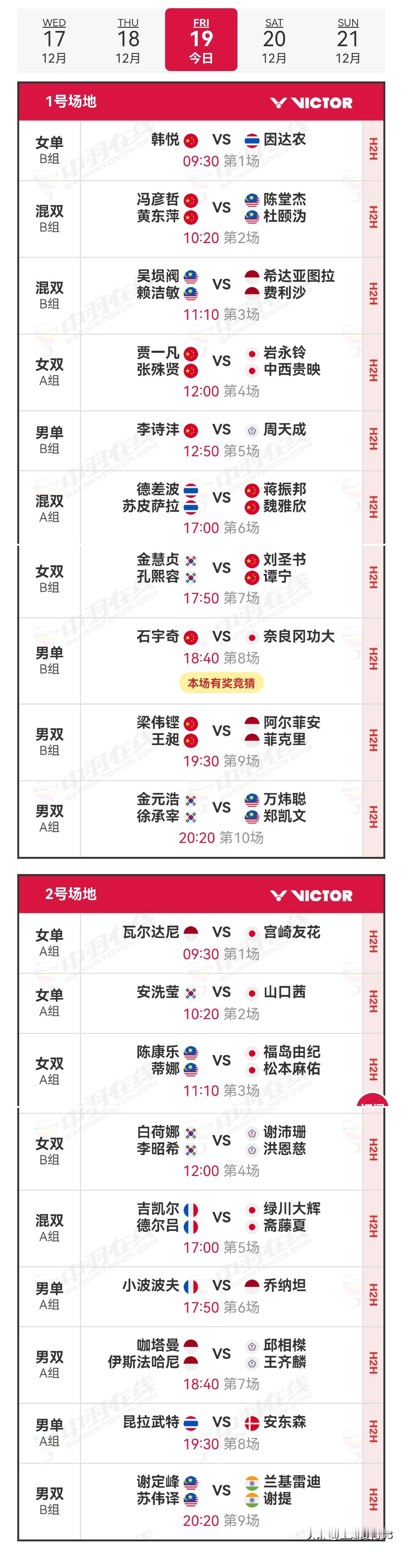 19日赛程2025年世界羽联年终总决赛 
  19日，2025年年终总决赛进入了