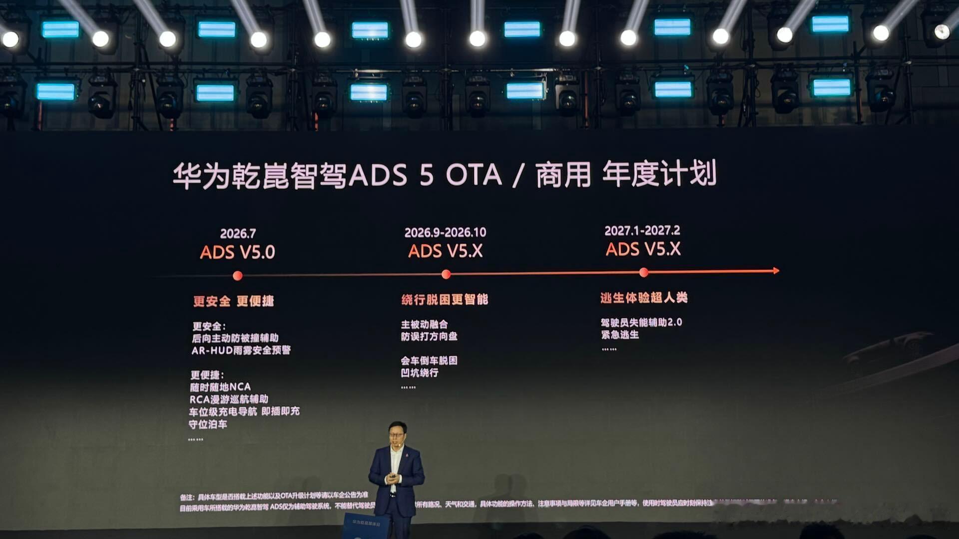 华为乾崑ADS 5接下来将有3个大版本的更新，包括后向主动防碰撞、绕坑、失能2.